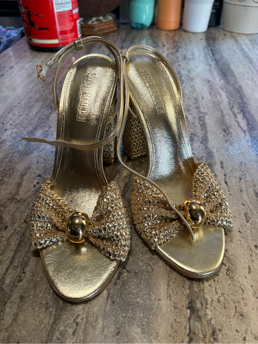 Steve Madden Gold Knit Bow Ankle-Strap Heels